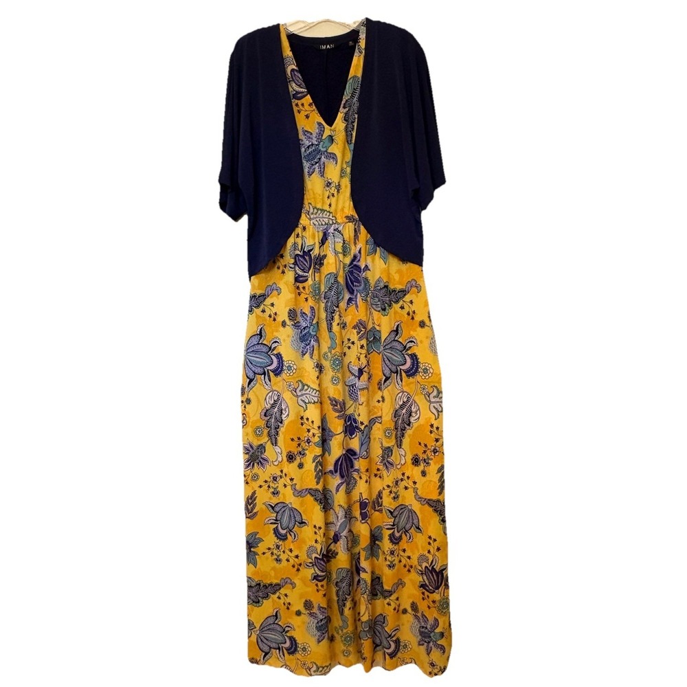 IMAN Yellow Floral Midi Dress w/ Navy Cardigan Set Women's Size M Boho Stretch